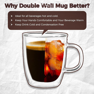 2 Pack 12 oz Double Walled Glass Coffee Mugs with handle, Thermal Insulted No Condensation