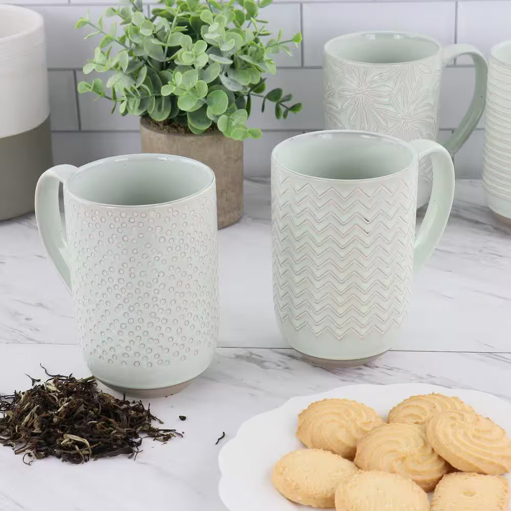 Madrina 4 Piece 19 oz. Stoneware Assorted Designs Beverage Mug Set in Mint