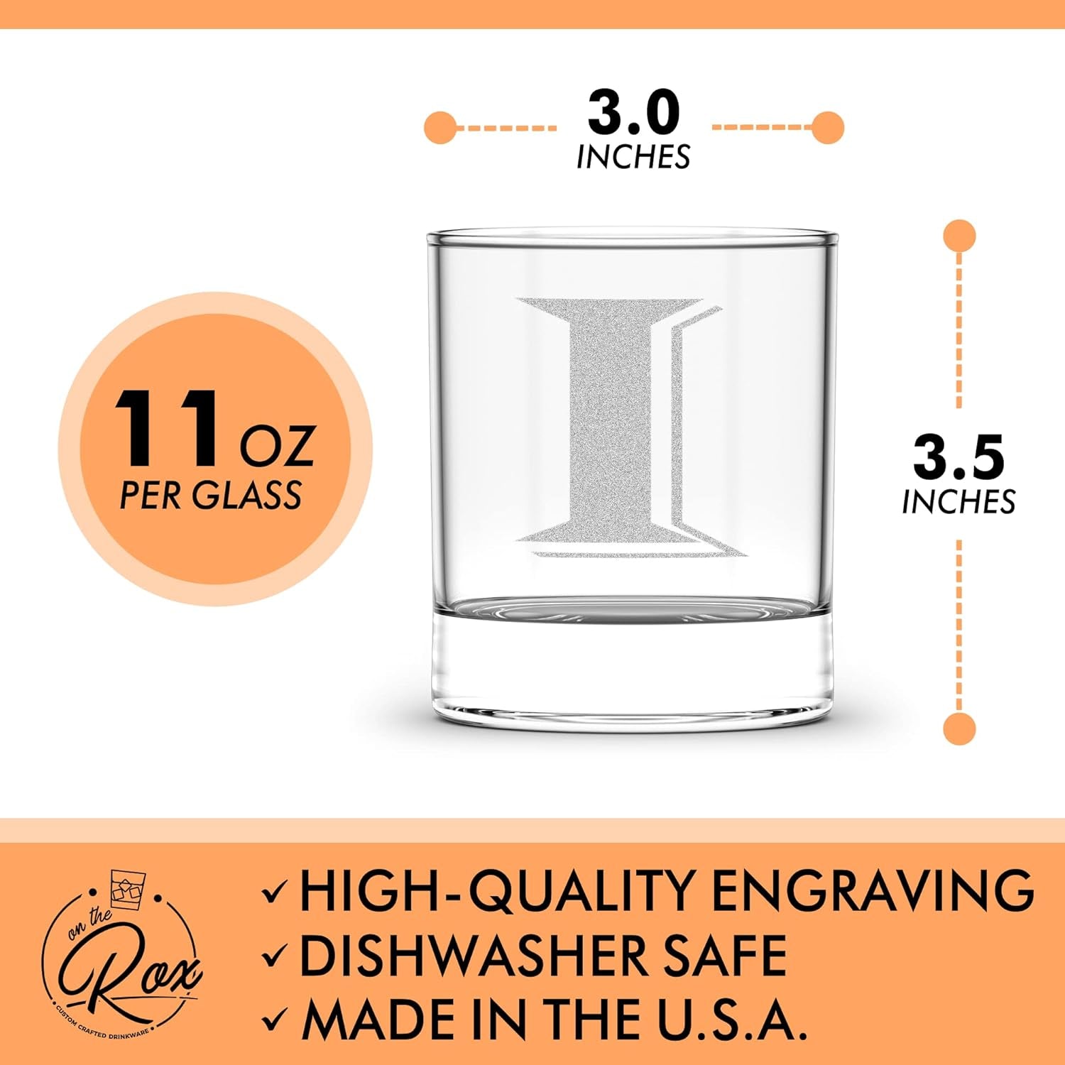 Monogrammed Gifts for Men - 4PC 11 Oz Custom Whiskey Glasses (I-Monogram) - Engraved Whiskey Glasses - Personalized Whiskey Glasses - Unique Bourbon Glasses - Personalized Glass Gifts for Dad