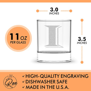 Monogrammed Gifts for Men - 4PC 11 Oz Custom Whiskey Glasses (I-Monogram) - Engraved Whiskey Glasses - Personalized Whiskey Glasses - Unique Bourbon Glasses - Personalized Glass Gifts for Dad