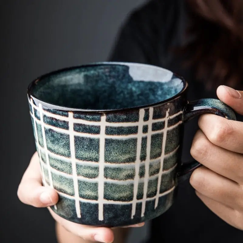 13 Oz White Checkered Ceramic Coffee Mug - Macchiaco