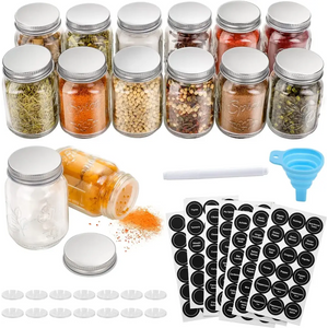 14 Pcs Glass Mason Spice Jars with Spice Labels - 4oz Empty Spice Bottles - For Herbs & Spices, Jelly, DIY & Crafts