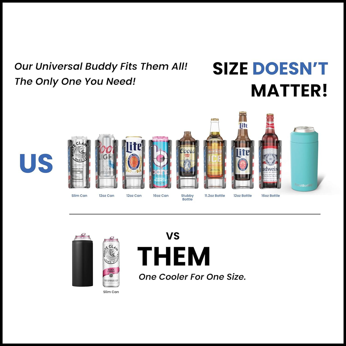 Universal Can Cooler - Fits all - Stainless Steel Can Cooler for 12 oz & 16 oz Regular or Slim Cans & Bottles - Stainless Steel (White Glitter)