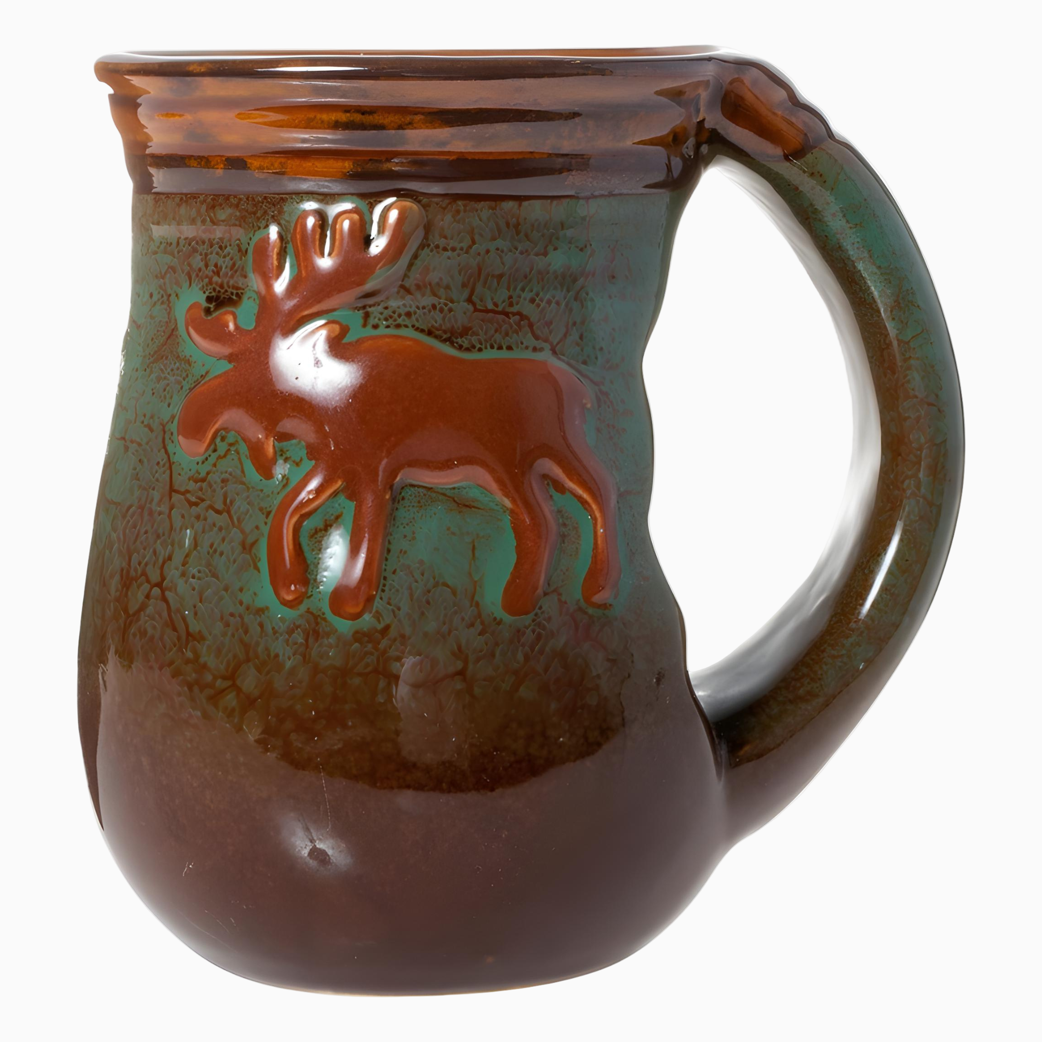 The 18oz Stoneware Handwarmer Mug, Moose features a large handle, a raised moose design, and an earthy brown-green glaze—ideal for anyone seeking unique coastal drinkware.