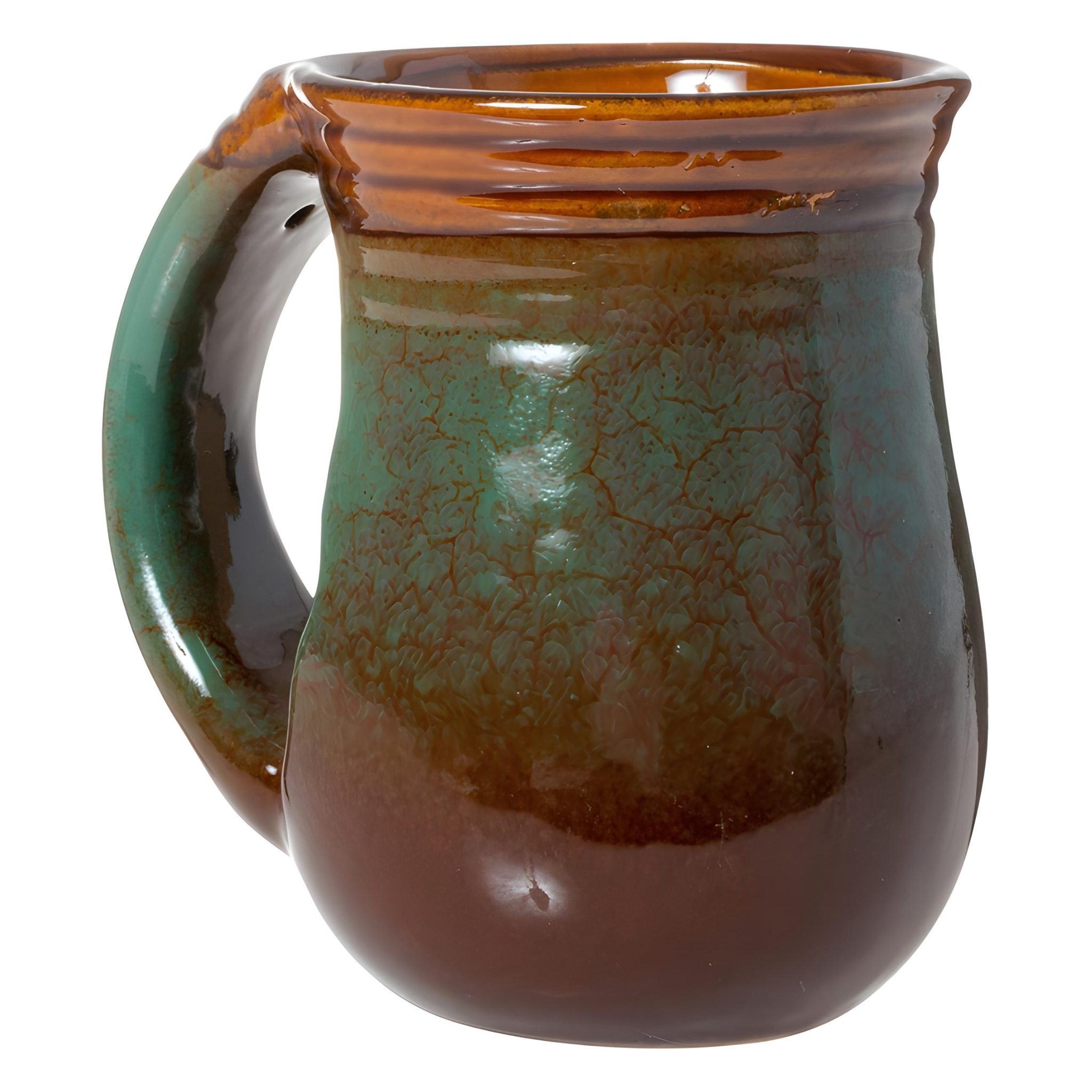 The 18oz Stoneware Handwarmer Mug, Moose, features a wide handle and glossy finish with beach-inspired green and brown gradient colors.