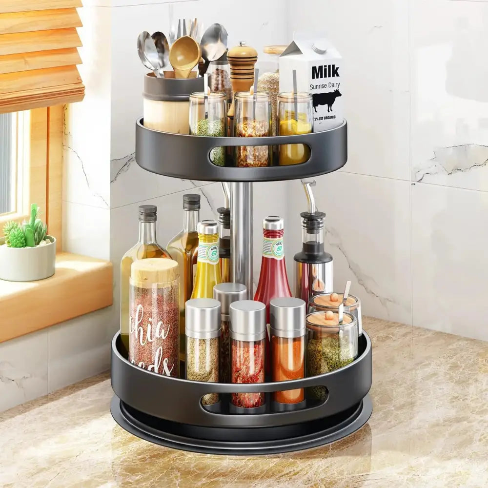 2 Tier Rotating Spice Rack Organizer, 360 Degree Rotation Turntable Kitchen Organizers and Storage