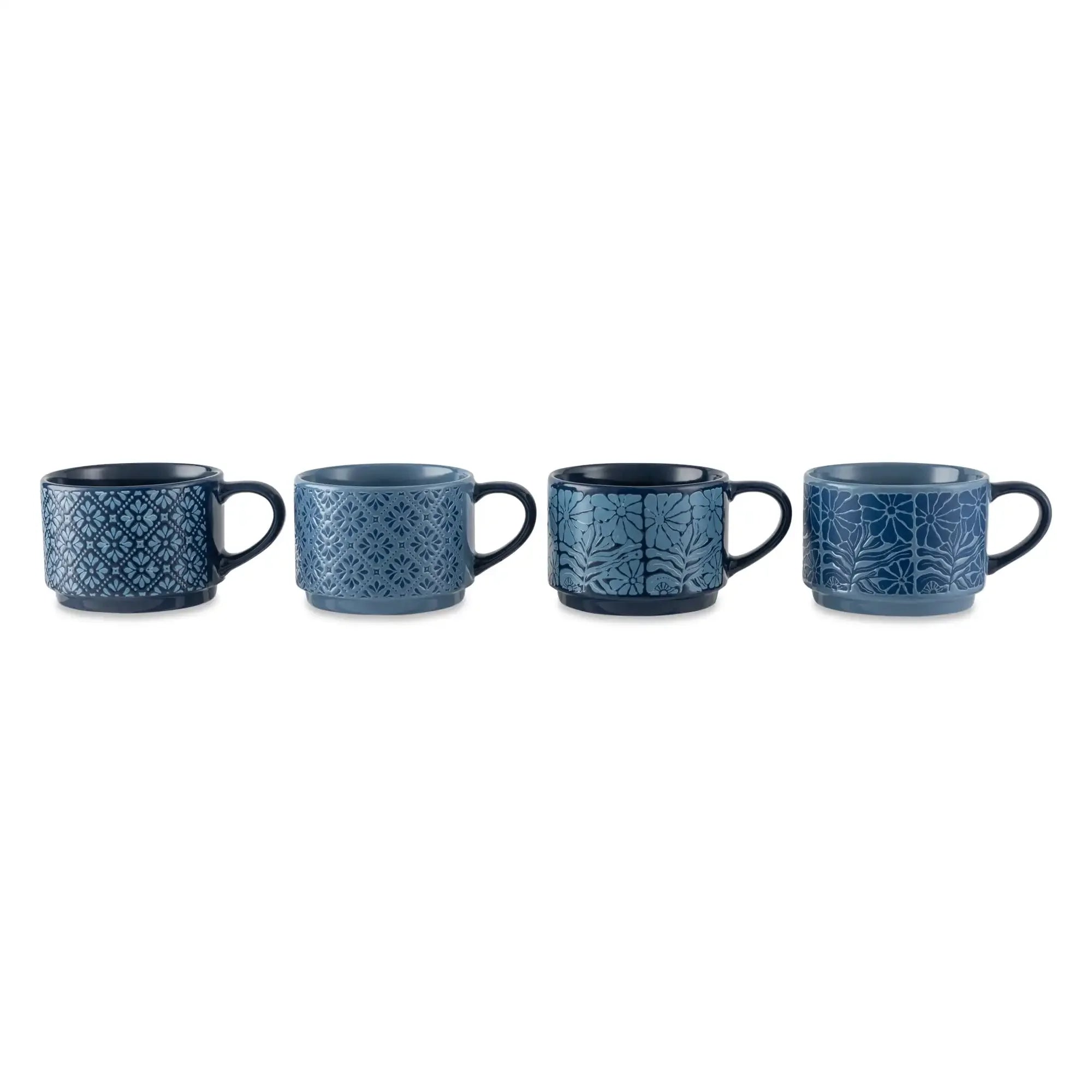 4 Pack Stacking Mugs, Blue Flowers and Blue Shapes 11.1 Fl Oz, Stoneware