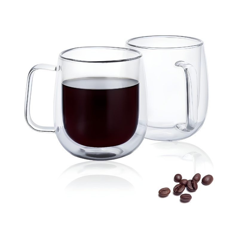 2 Pack 12 oz Double Walled Glass Coffee Mugs with handle