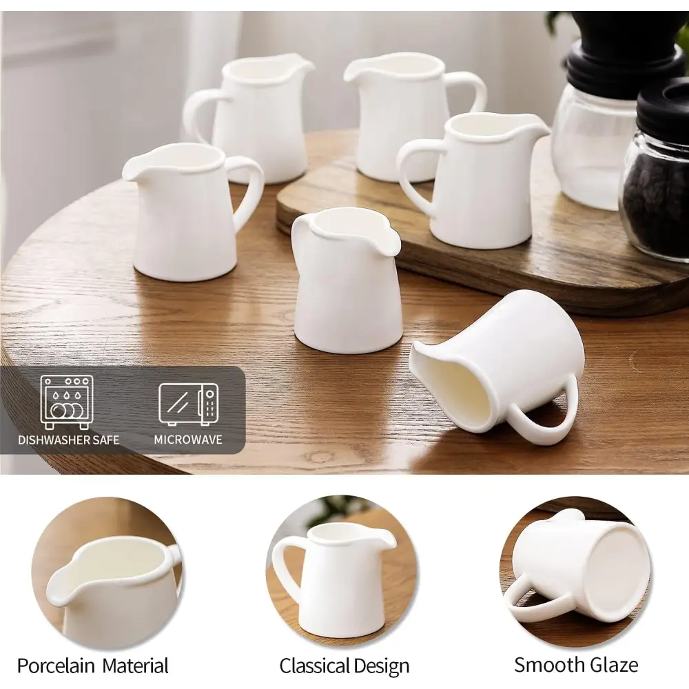 4.5 oz Ceramic Cream Jugs, Small Creamer Pitcher with Handle, White Porcelain Classic Creamers for Coffee, 6 Pack