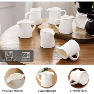 4.5 oz Ceramic Cream Jugs, Small Creamer Pitcher with Handle, White Porcelain Classic Creamers for Coffee, 6 Pack