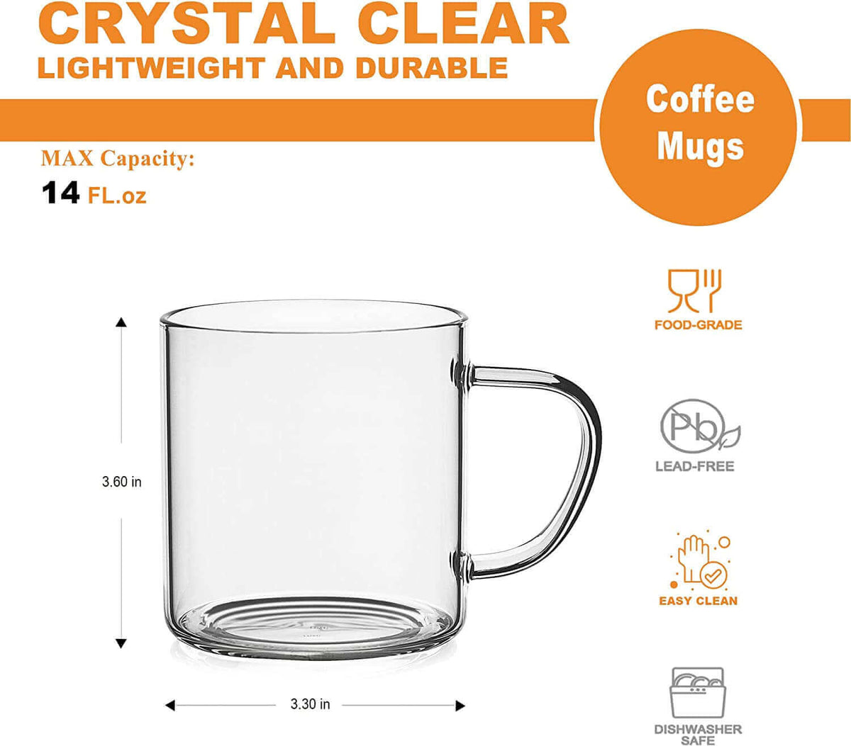 4pcs Set Simple Glass Coffee Mugs-Hand Blown,14 oz