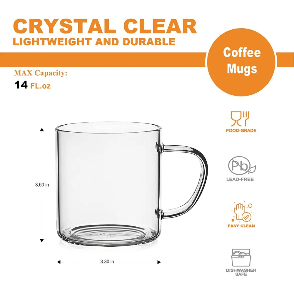 4pcs Set Simple Glass Coffee Mugs-Hand Blown,14 oz