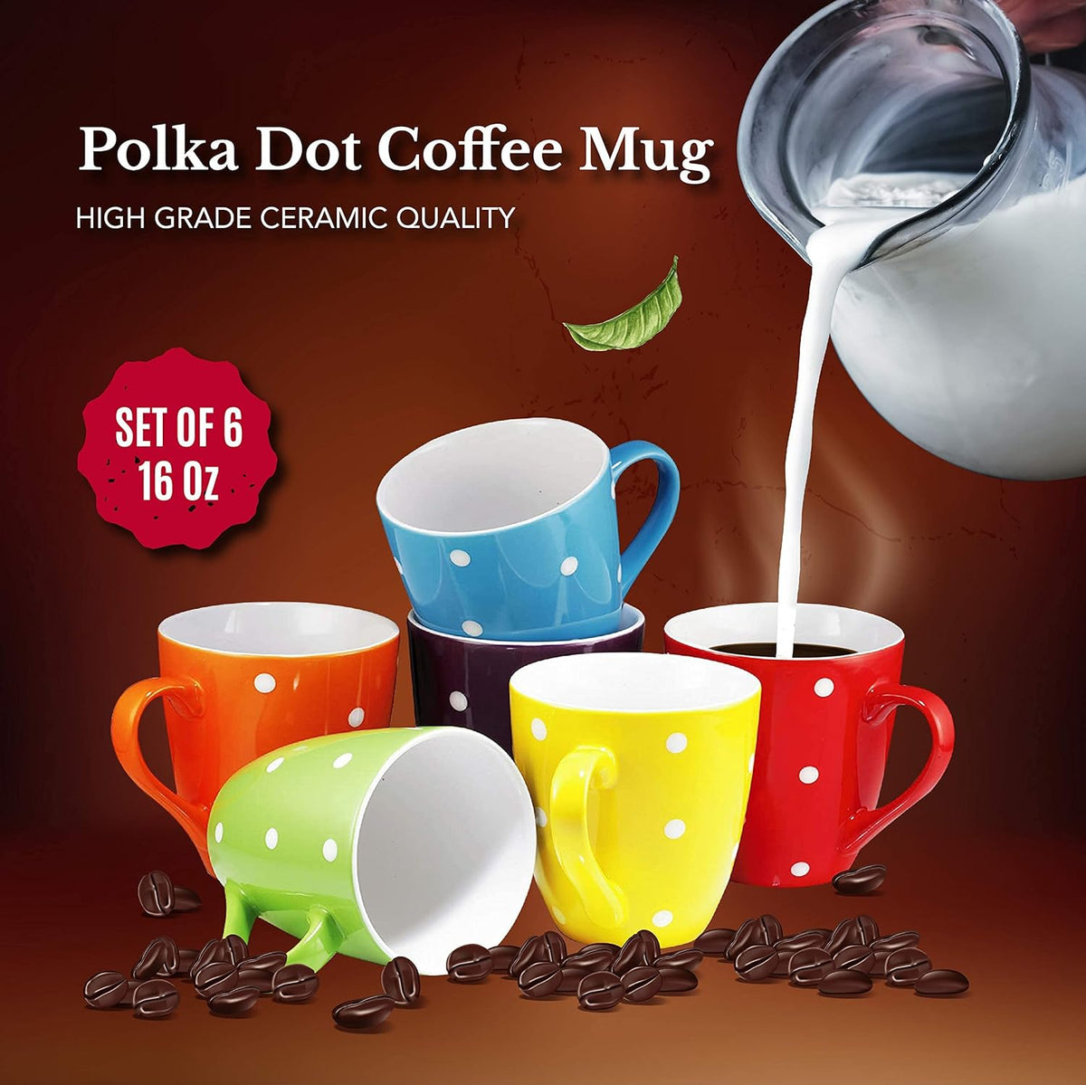 16 Oz Polka Dot Coffee Mug Set of 6, Multi Color Dot Design, Best for a Gift