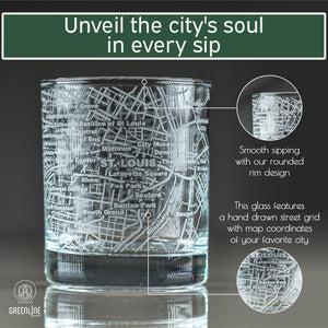 Whiskey Glasses - 10 Oz Tumbler Set for St Louis lovers, Etched with St Louis City Map Old Fashioned Rocks Glass - Set of 2
