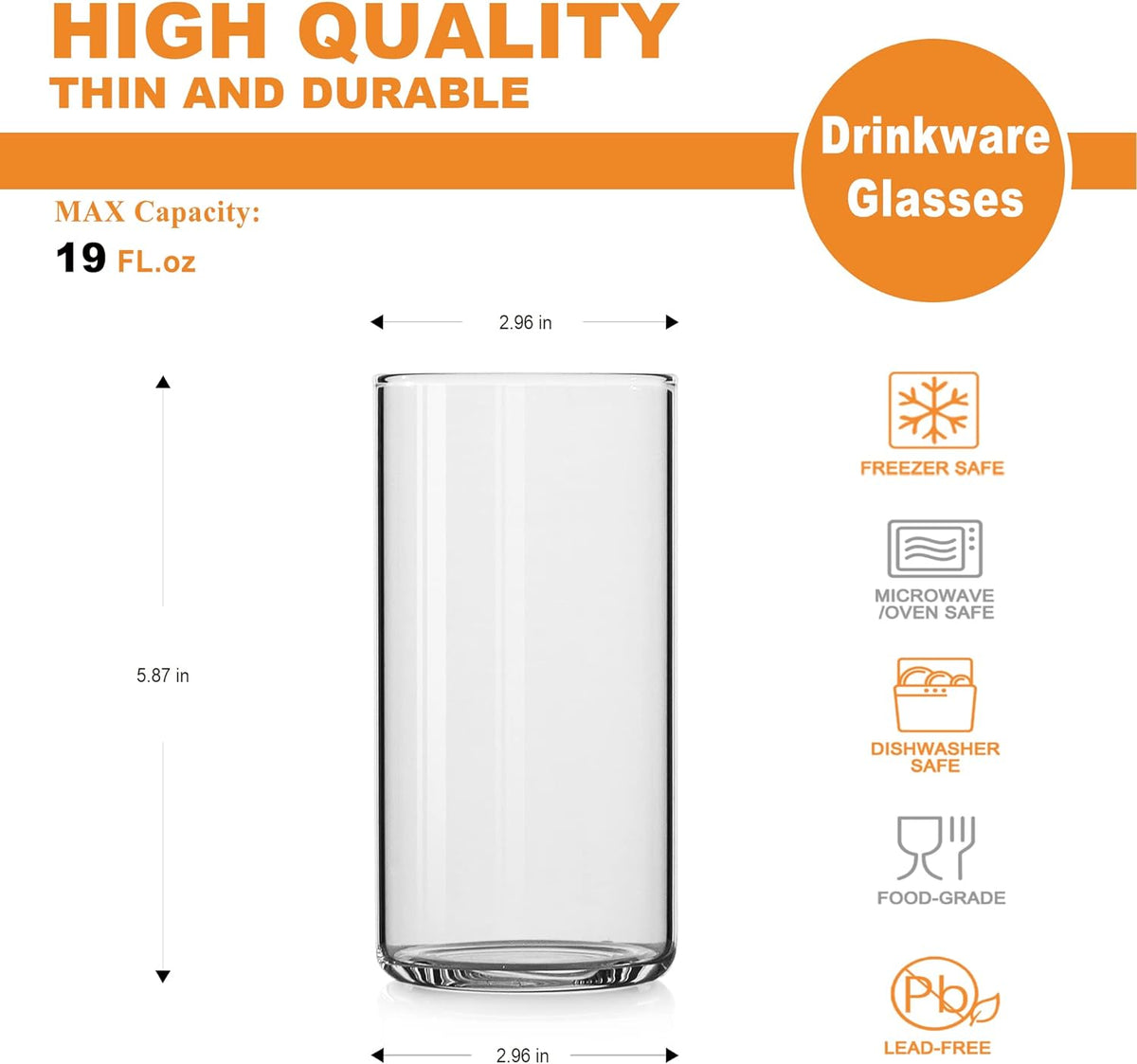 Thin Highball Glasses Set of 4, 19 oz - Clear Tall Glass Cups for Water, Juice, Beer, Cocktails, and Mixed Drinks