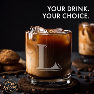 (L-Monogram)- 4 Piece Set of 11 Ounce Engraved Heavy Base Rocks Glasses Elegant Glass-Multi-Purpose Beverage-Rocks Glass- Gift for any Occasion- By: On The Rox