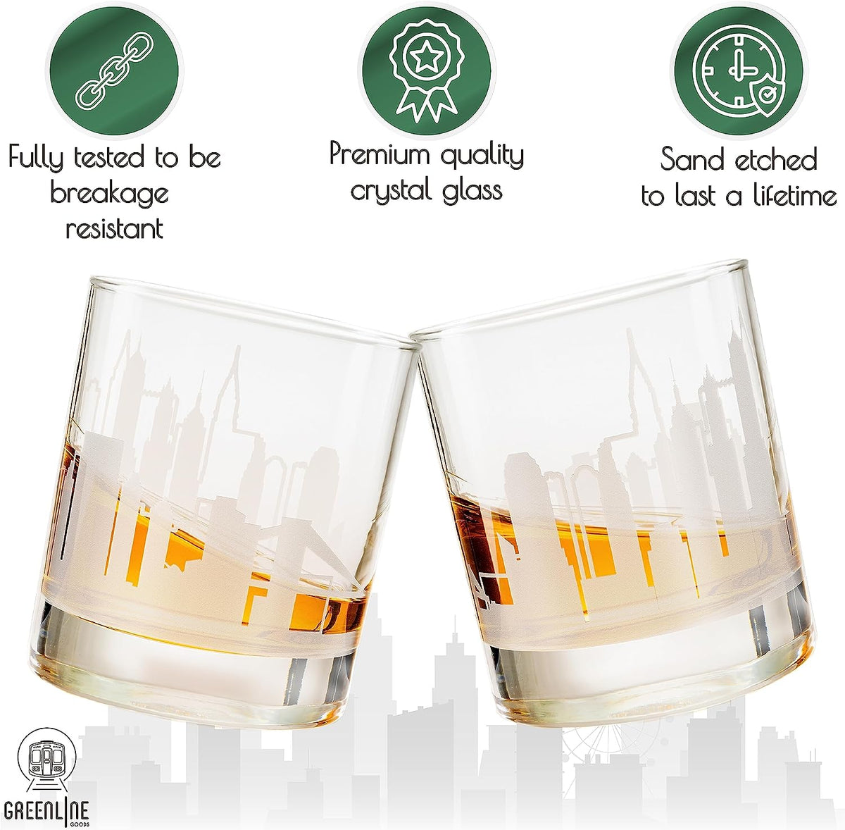 Whiskey Glasses - 10 Oz Tumbler for New York Lovers (Single Glass) - Etched with New York Skyline - Old Fashioned Rocks Glass