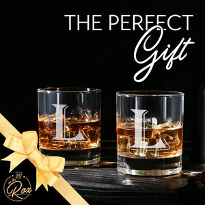 (L-Monogram)- 4 Piece Set of 11 Ounce Engraved Heavy Base Rocks Glasses Elegant Glass-Multi-Purpose Beverage-Rocks Glass- Gift for any Occasion- By: On The Rox