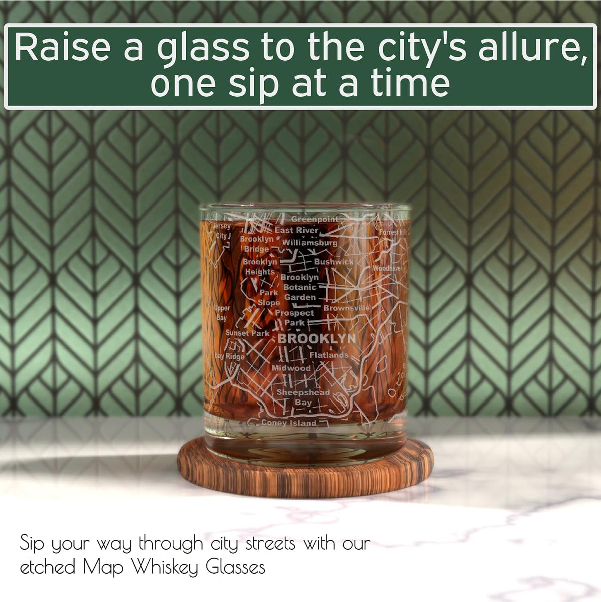 Whiskey Glasses - 10 Oz Tumbler for Brooklyn Lovers (Single Glass) - Etched with Brooklyn Map - Old Fashioned Rocks Glass