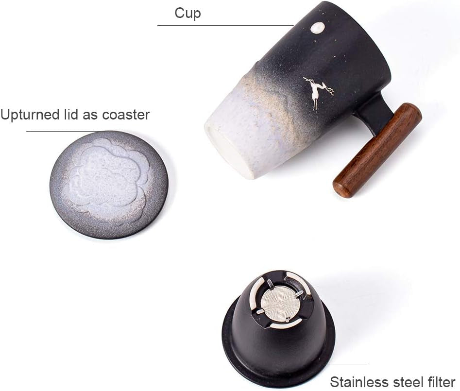 Moonlight Deer Ceramic Tea Cup with Infuser and Wooden Handle Steeping Mug 13.5 OZ (Black&White)