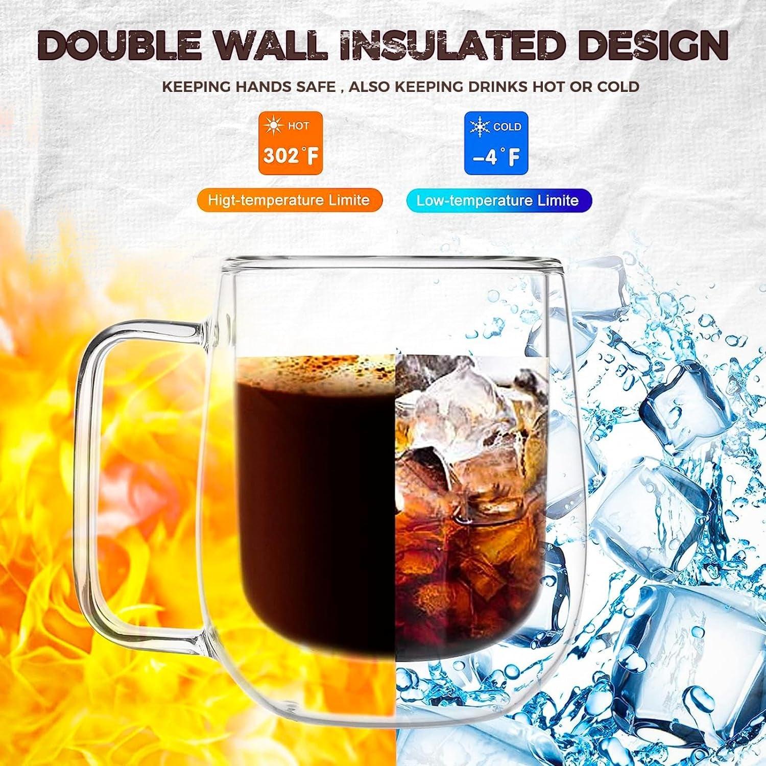 2 Pack 12 oz Double Walled Glass Coffee Mugs with handle, Thermal Insulted No Condensation