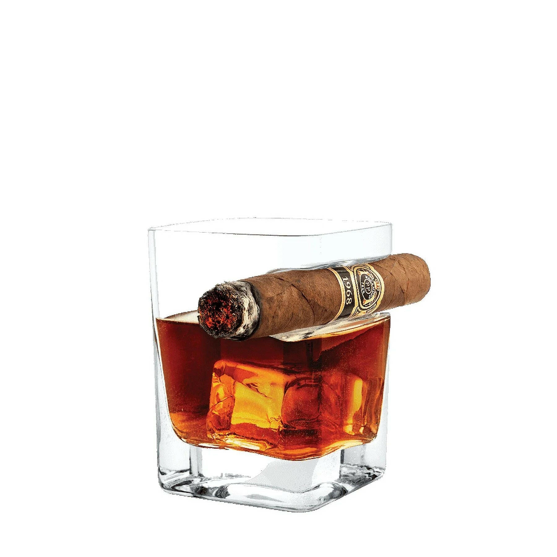 Premium Double Old Fashioned 9 oz Whiskey Glass with Cigar Holder.