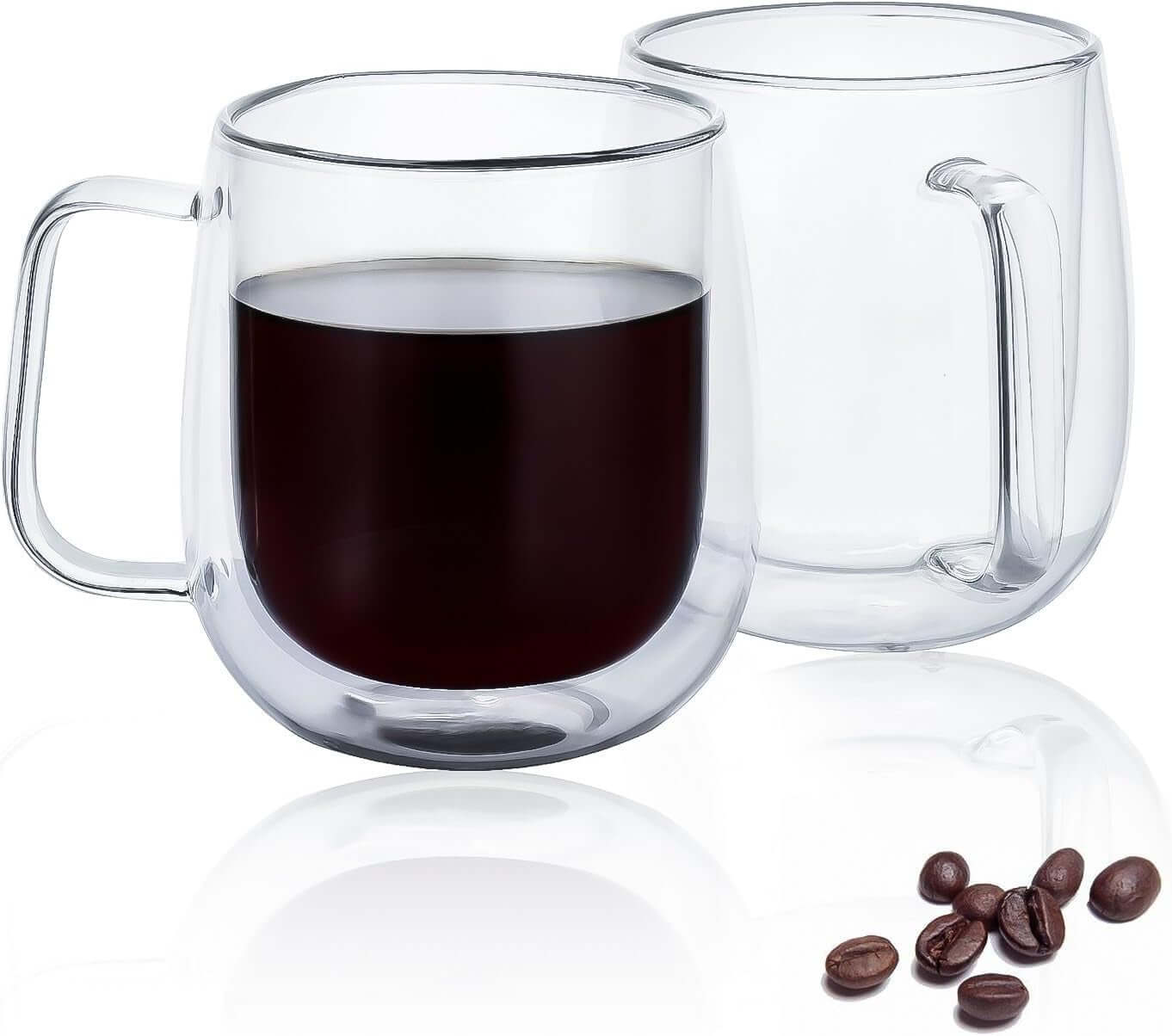 2 Pack 12 oz Double Walled Glass Coffee Mugs with handle, Thermal Insulted No Condensation