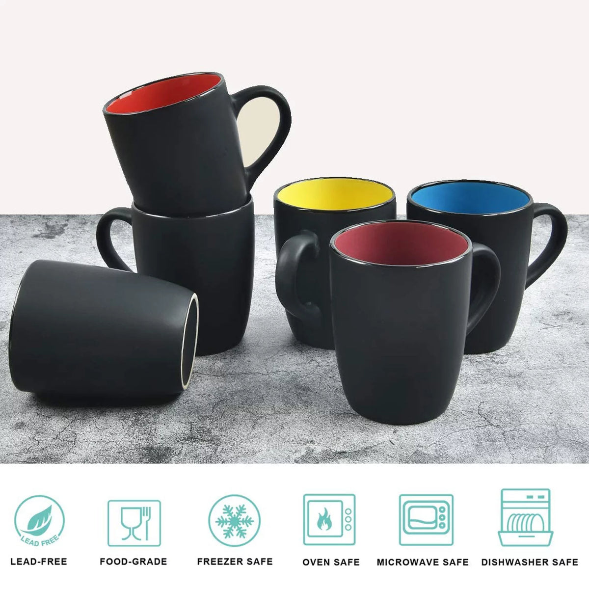 16 Fl Oz Coffee Mugs Ceramic Coffee Mug Tea Cups, Set of 6 Coffee Mug Sets, Large Sized Black Coffee Mugs Set Perfect for Coffee, Cappuccino, Tea, Cocoa, Cereal, Restaurant Coffee Mug