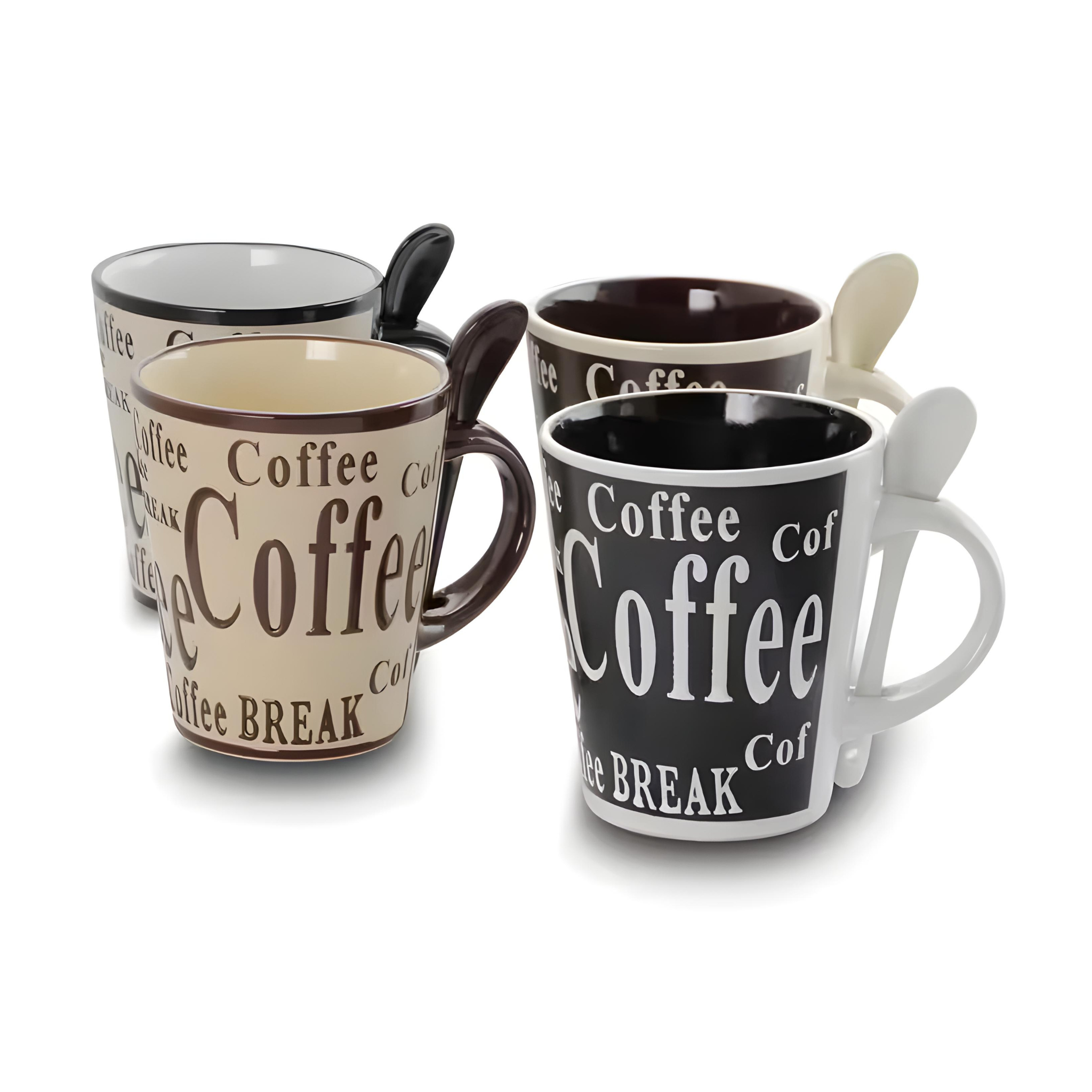 The Bareggio 12 oz. Coffee Mugs (Set of 4) includes four stoneware mugs with matching ceramic spoons, each featuring Coffee BREAK text in various fonts and colors. Stylish and microwave safe, theyre perfect for everyday use.