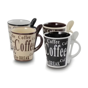The Bareggio 12 oz. Coffee Mugs (Set of 4) includes four stoneware mugs with matching ceramic spoons, each featuring Coffee BREAK text in various fonts and colors. Stylish and microwave safe, theyre perfect for everyday use.