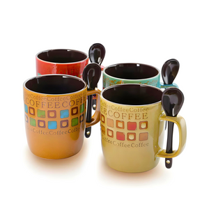 The Cafe Americano 13 oz. Assorted Color Mugs (Set of 4) includes four brightly colored ceramic mugs with matching spoons on the handles and a geometric coffee-themed design.