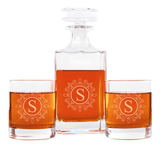 The Ornate Monogram 26 oz. Classic Square Decanter and Rocks Glasses Set (Set of 5), each engraved with an elegant letter S, makes a sophisticated personalized gift for any occasion.
