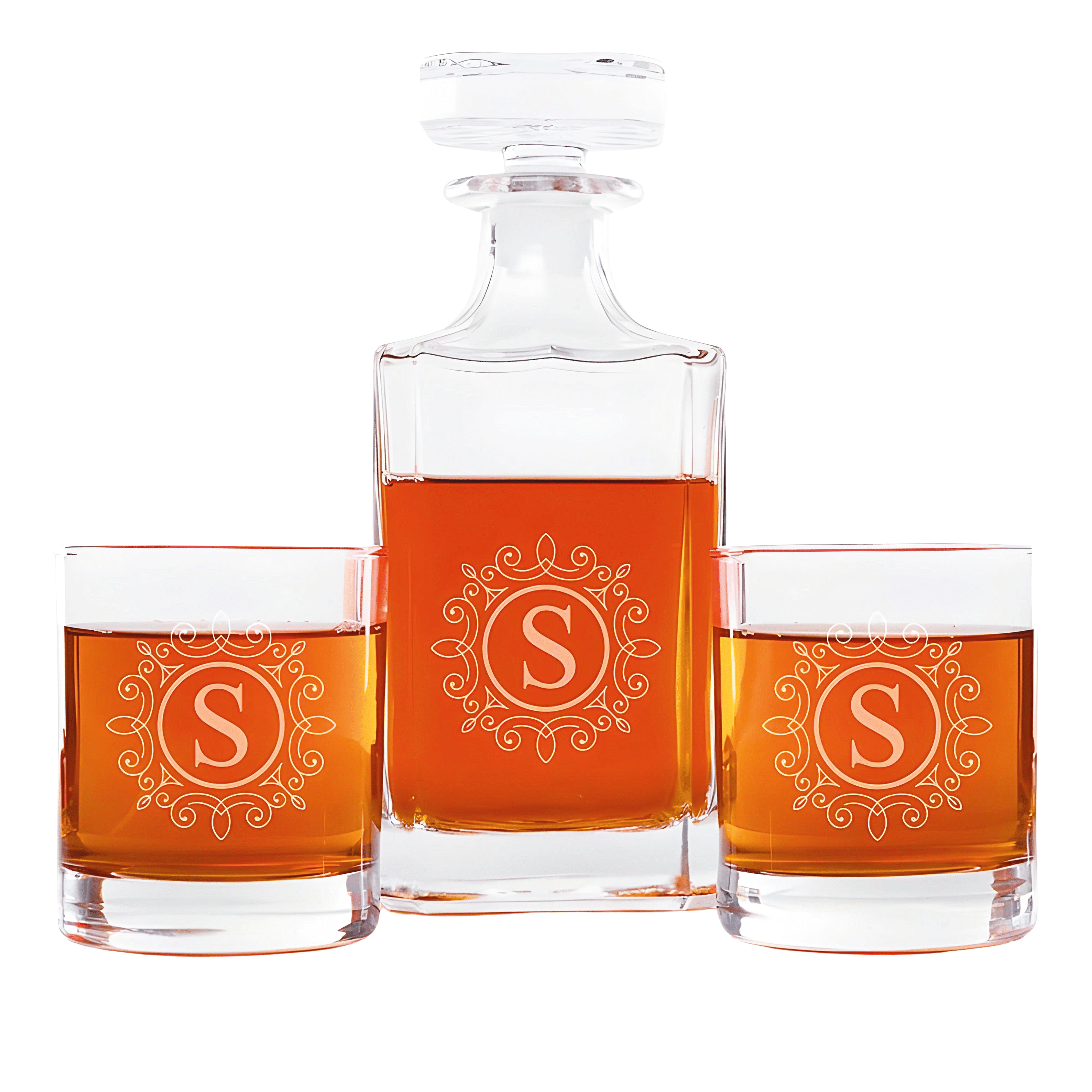 The Ornate Monogram 26 oz. Classic Square Decanter and Rocks Glasses Set (Set of 5), each engraved with an elegant letter S, makes a sophisticated personalized gift for any occasion.