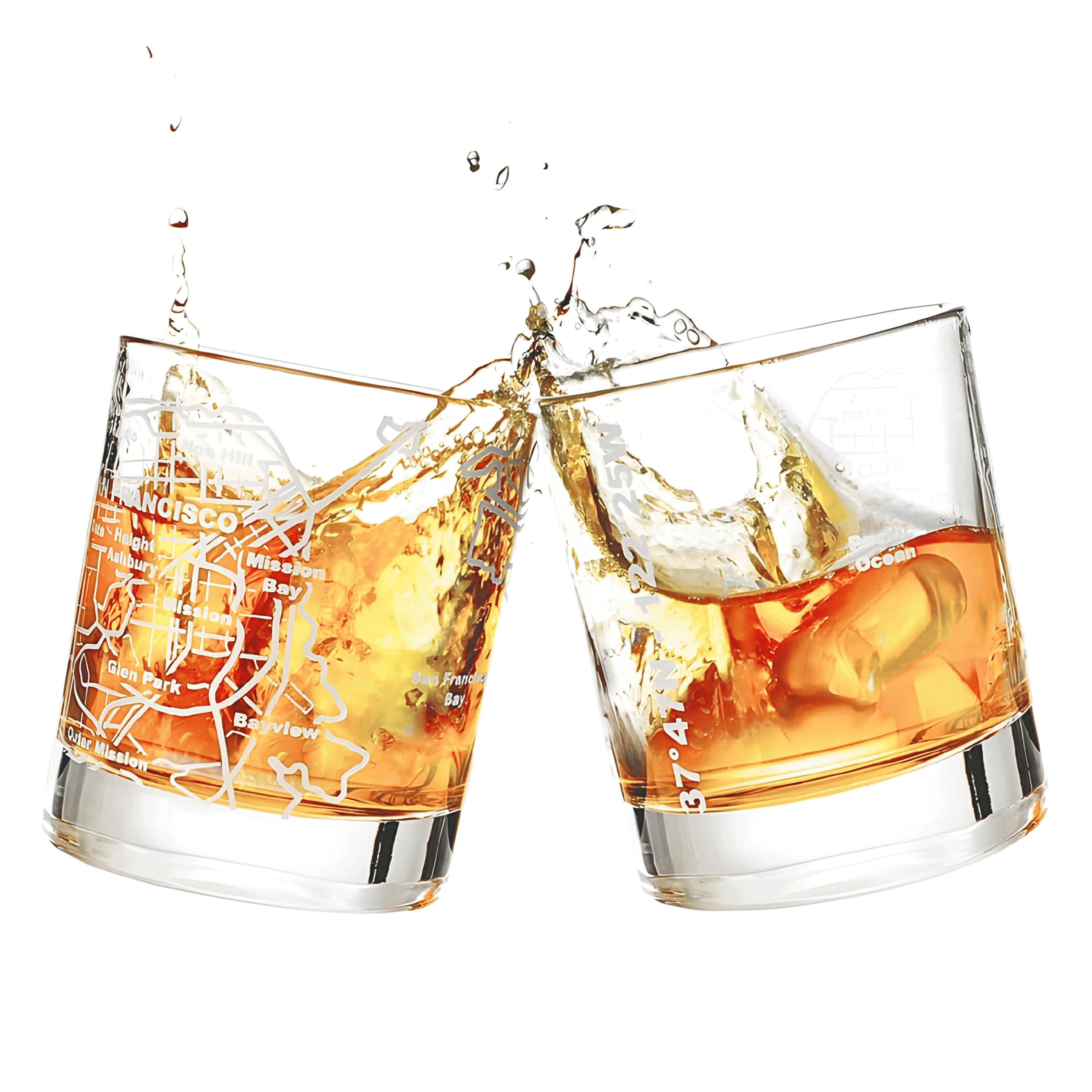 Two 10 oz whiskey tumblers clink together, splashing liquid over a white background—each glass in this gift set of 2 is sand etched with a detailed San Francisco map, making it a unique gift for any enthusiast.
