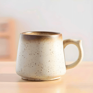 The Macchiaco 11 Oz Cocoa Coffee Mug, featuring a wide base and rounded handle with a speckled design, rests on a light wooden surface against a neutral background.