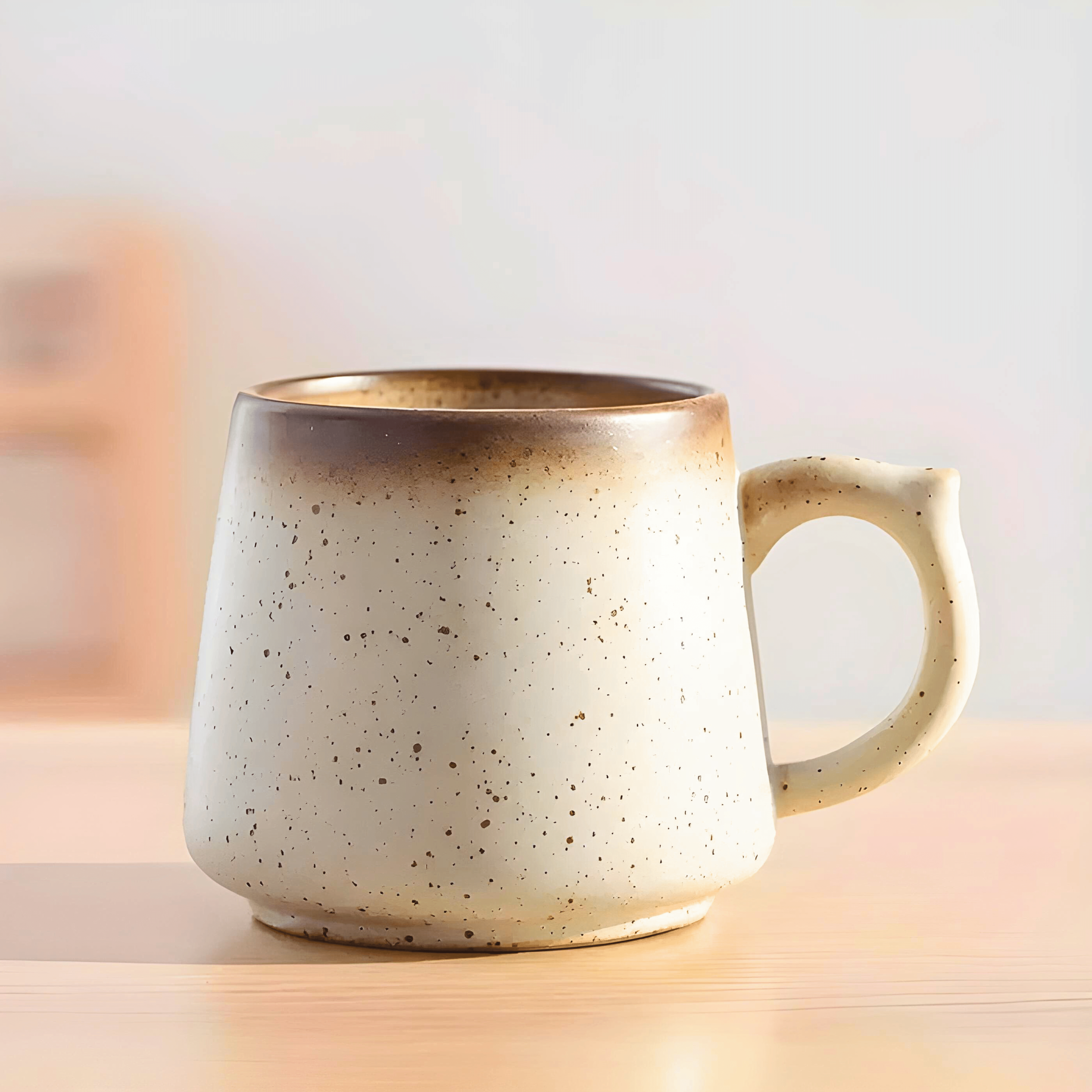 The Macchiaco 11 Oz Cocoa Coffee Mug, featuring a wide base and rounded handle with a speckled design, rests on a light wooden surface against a neutral background.