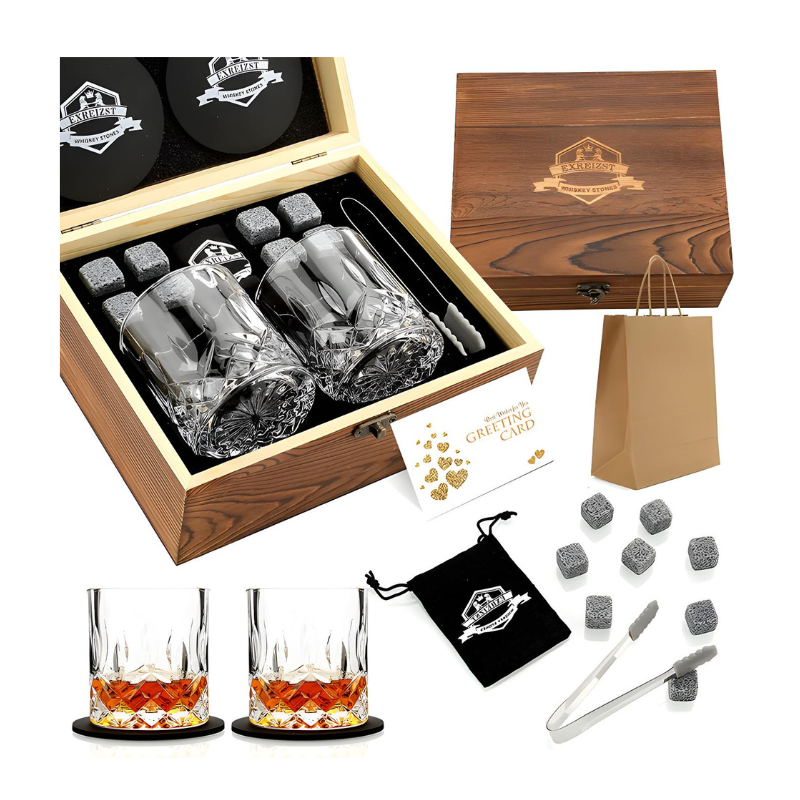 Whiskey Stones Gift Set - Whiskey Glass Set of 2 - Granite Chilling Whiskey Rocks