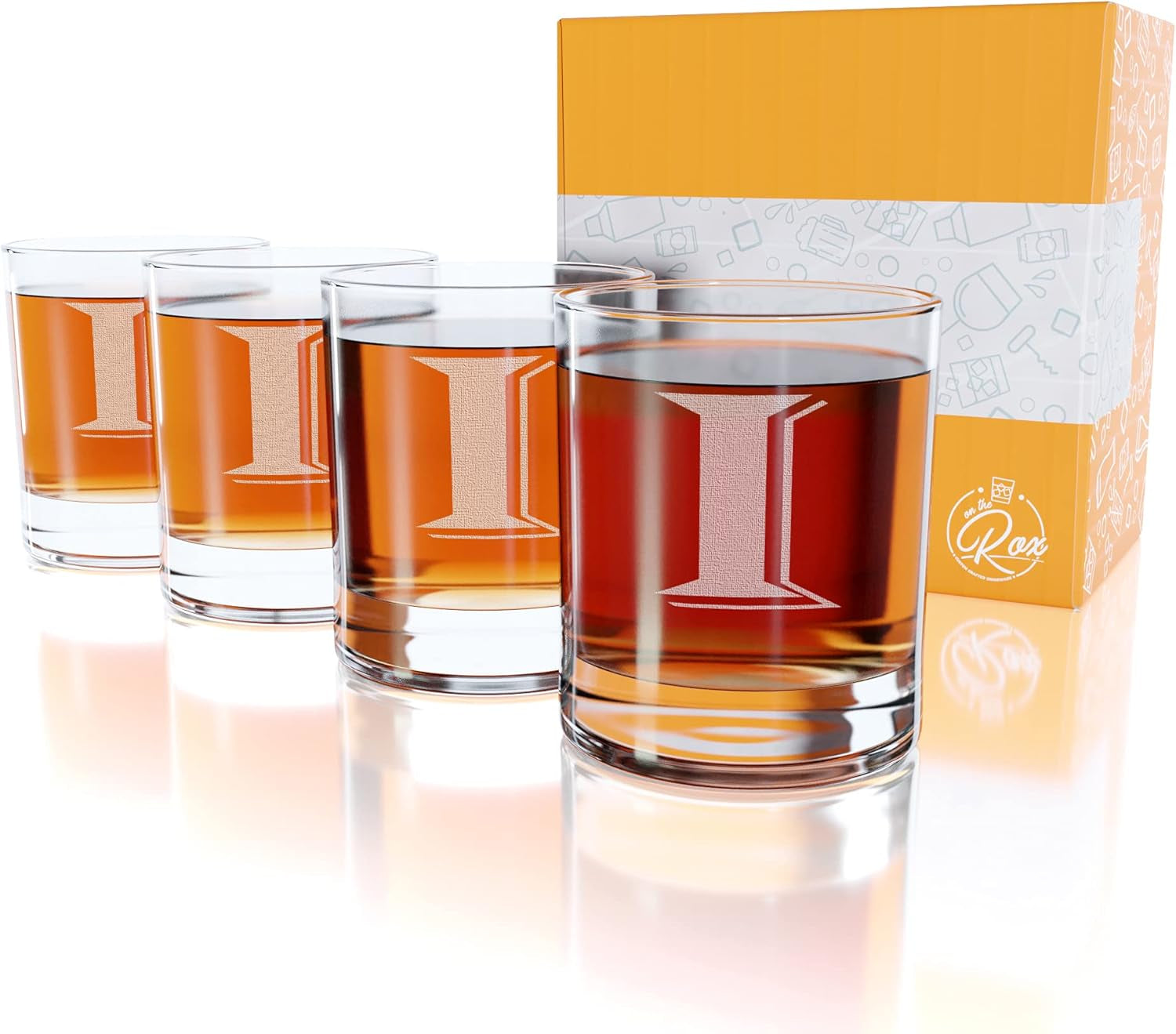 Monogrammed Gifts for Men - 4PC 11 Oz Custom Whiskey Glasses (I-Monogram) - Engraved Whiskey Glasses - Personalized Whiskey Glasses - Unique Bourbon Glasses - Personalized Glass Gifts for Dad