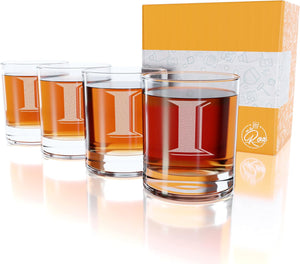 Monogrammed Gifts for Men - 4PC 11 Oz Custom Whiskey Glasses (I-Monogram) - Engraved Whiskey Glasses - Personalized Whiskey Glasses - Unique Bourbon Glasses - Personalized Glass Gifts for Dad