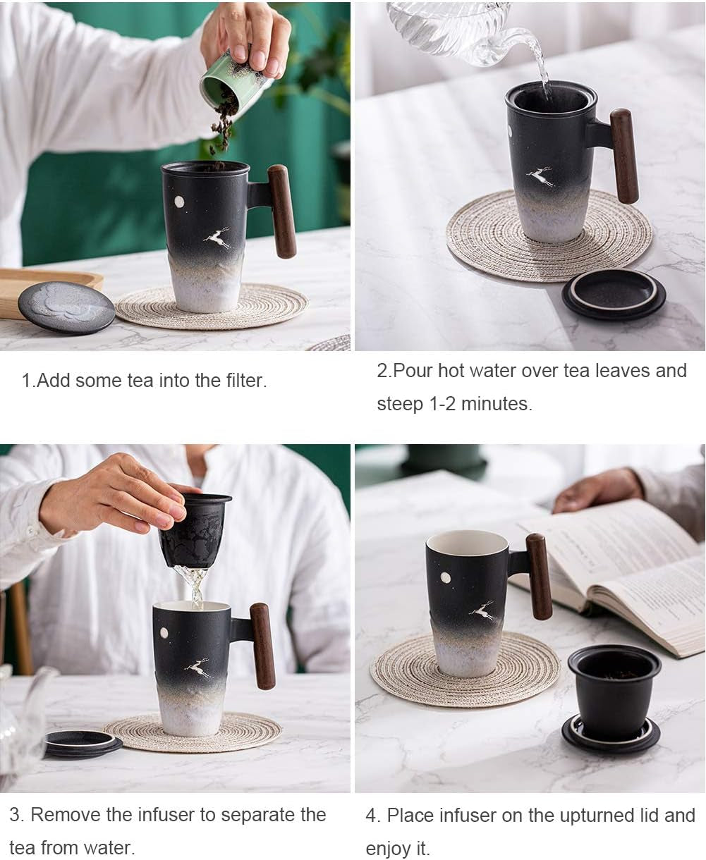 Moonlight Deer Ceramic Tea Cup with Infuser and Wooden Handle Steeping Mug 13.5 OZ (Black&White)