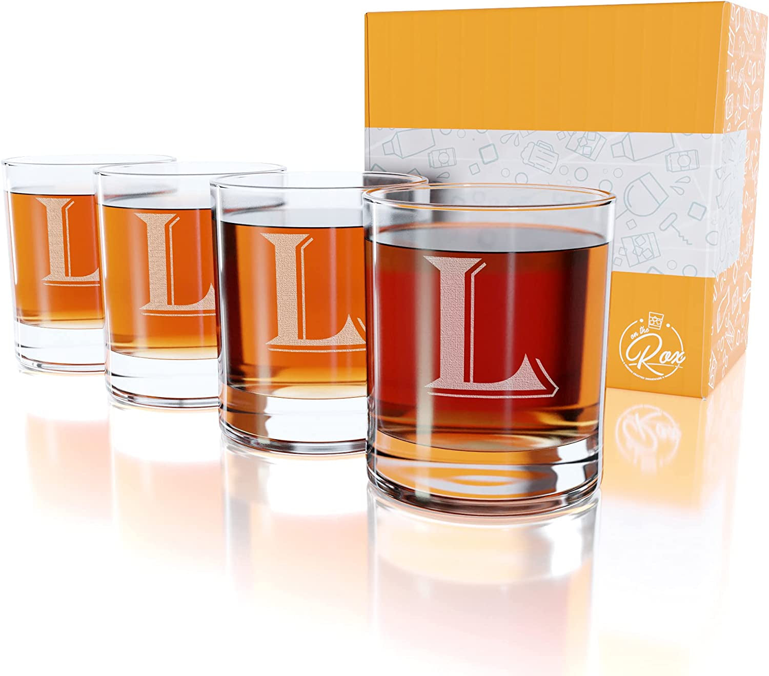 (L-Monogram)- 4 Piece Set of 11 Ounce Engraved Heavy Base Rocks Glasses Elegant Glass-Multi-Purpose Beverage-Rocks Glass- Gift for any Occasion- By: On The Rox