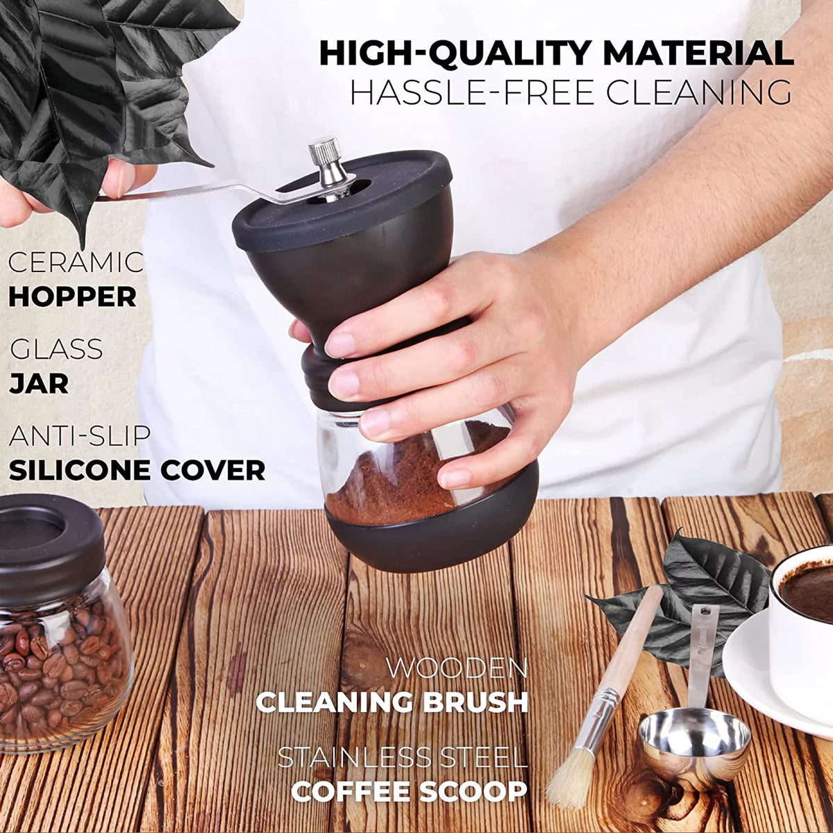 Manual Coffee Grinder with Ceramic Burr for Beans, Espresso, and Spices - Portable Hand Crank Mill with 2 Glass Jars (11oz Each)