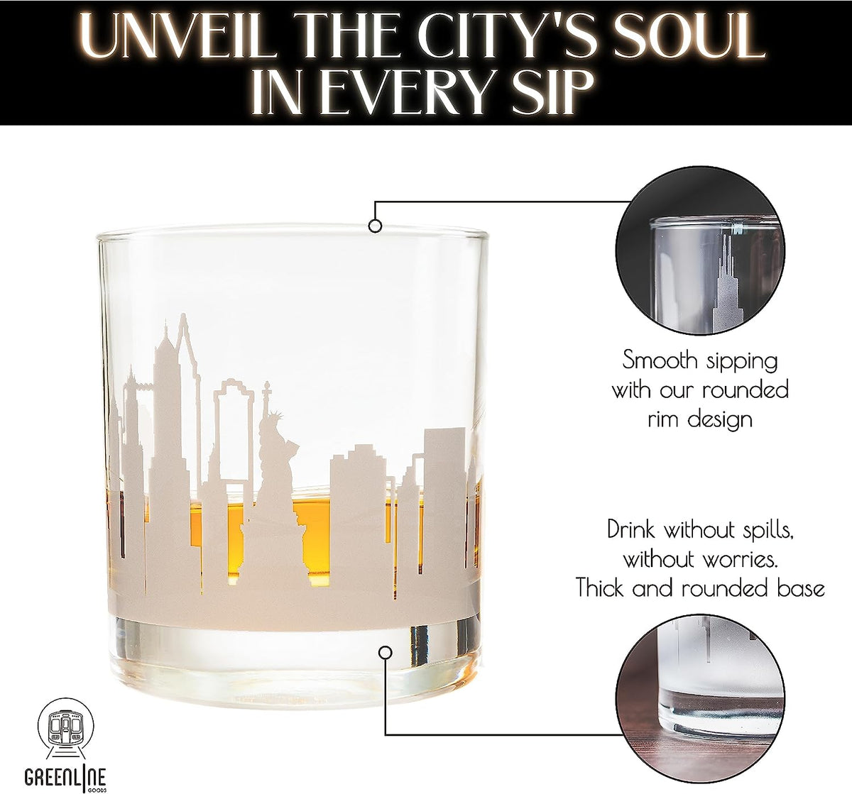 Whiskey Glasses - 10 Oz Tumbler for New York Lovers (Single Glass) - Etched with New York Skyline - Old Fashioned Rocks Glass