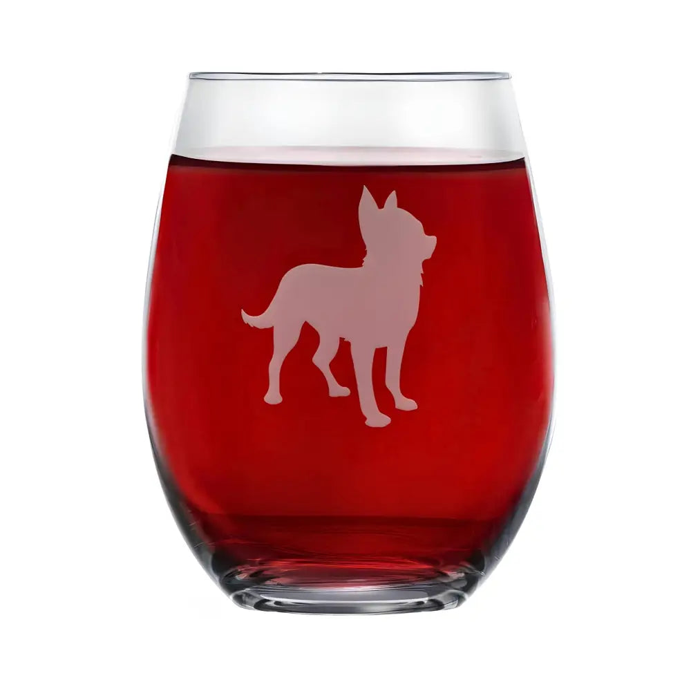 Chihuahua Stemless Wine Glass (One Glass) - Unique Gift for Dog Lovers - Hand Etched with Breed Name on Bottom - Macchiaco