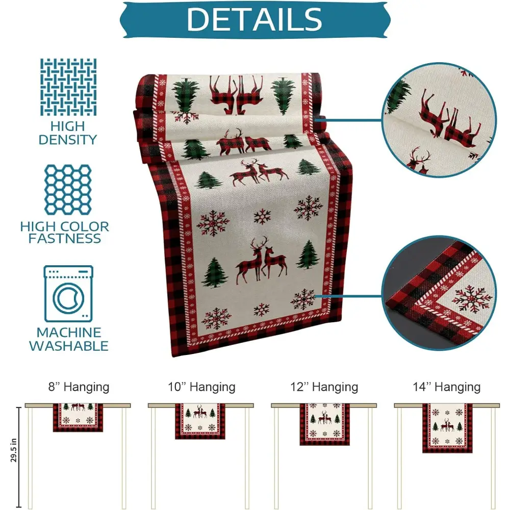 Christmas Deer Tree Snowflakes Black Red Buffalo Check Plaid Farmhouse Table Runner, Dining Table Dresser Decoration 13"x70"