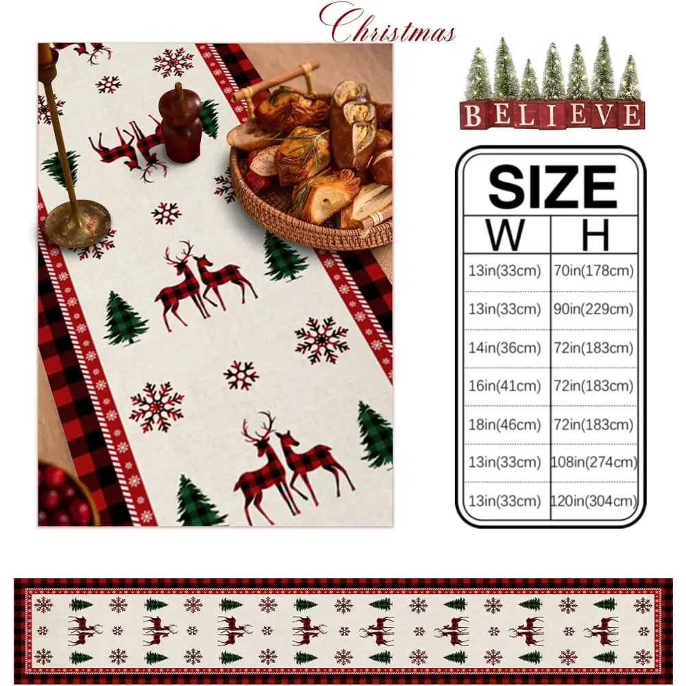 Christmas Deer Tree Snowflakes Black Red Buffalo Check Plaid Farmhouse Table Runner, Dining Table Dresser Decoration 13"x70"