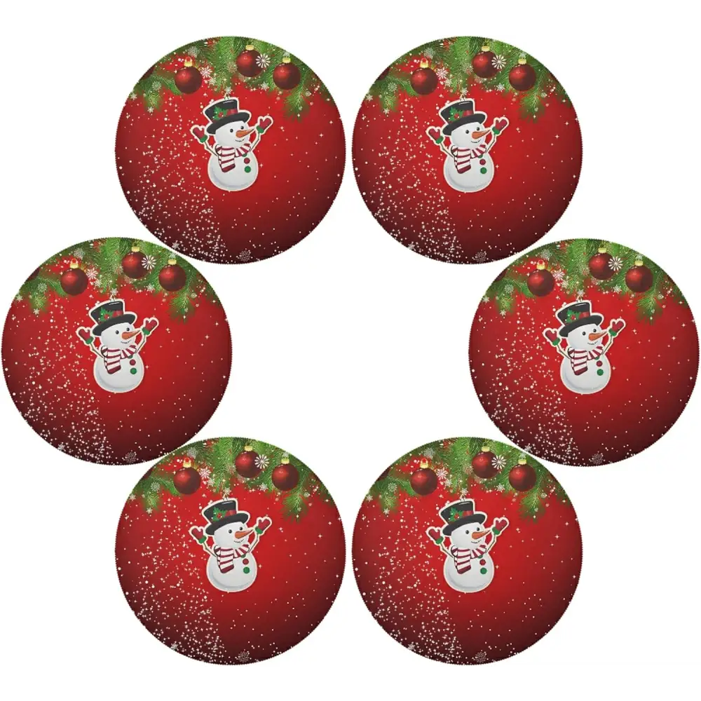 Christmas Placemats, Red Snowman Round Placemats Set of 6