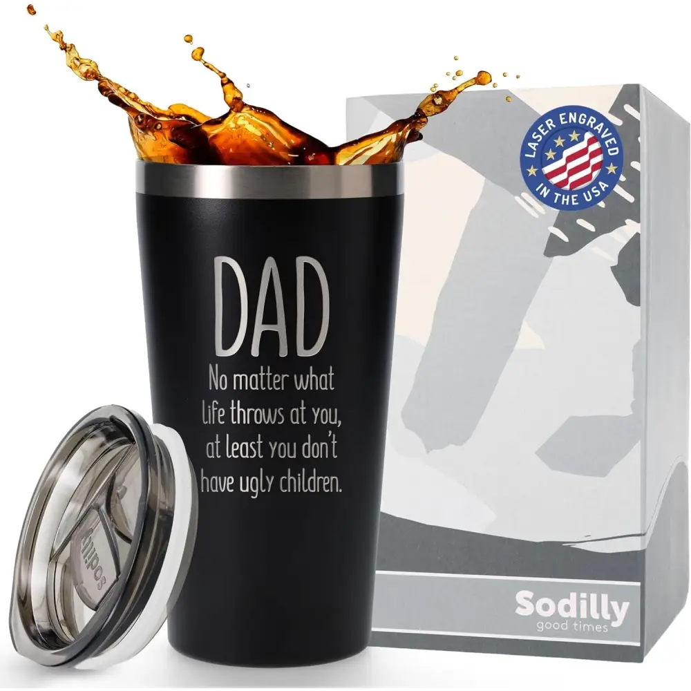 Coffee Tumbler with Lid - Funny Coffee Tumbler - Humorous Father's Day Present - From Daughter or Son - Dad at Least You Don't Have Ugly Children - Dad Tumbler - Coffee Mug - 16 oz Tumbler - Macchiaco