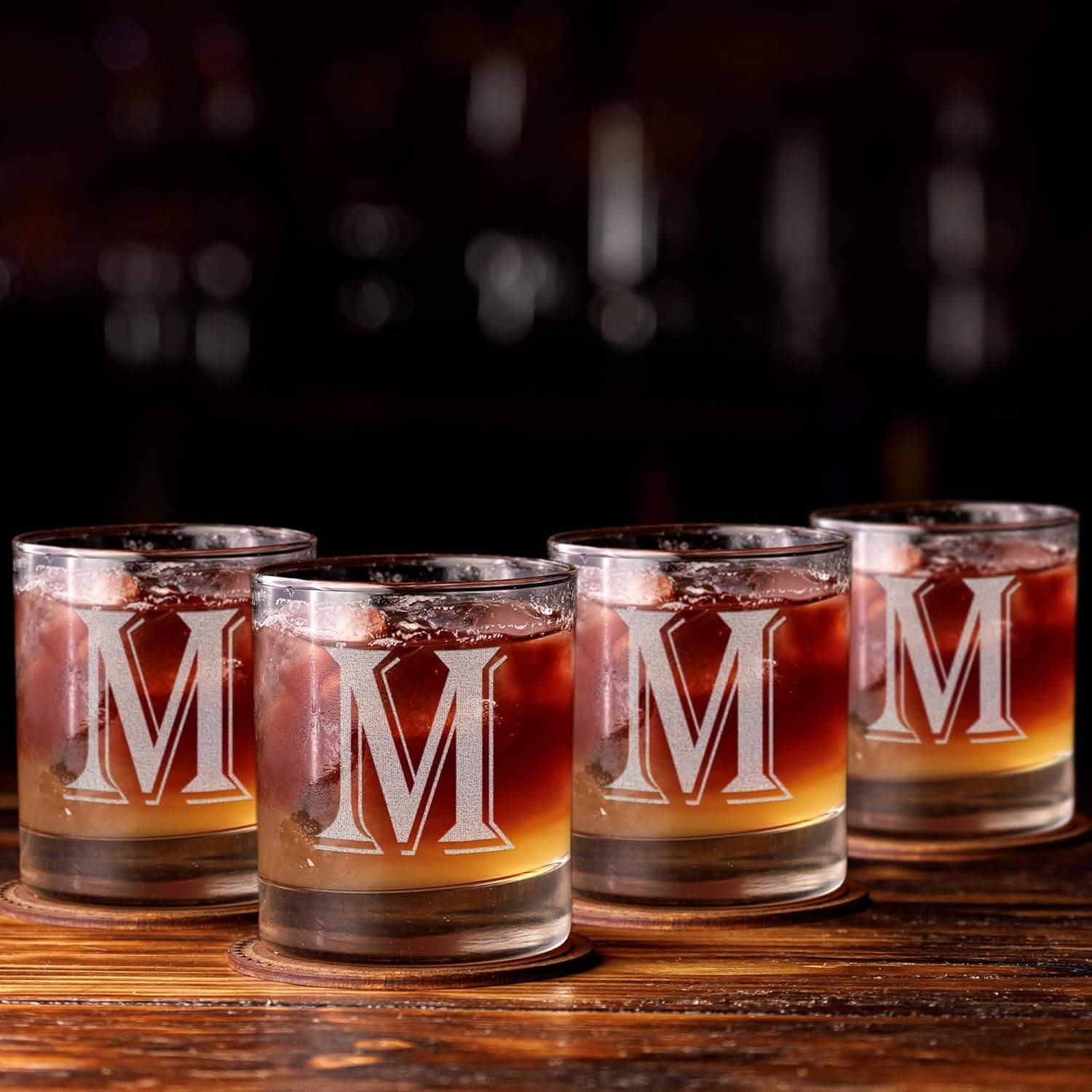 Monogrammed Gifts for Men - 4PC 11 Oz Custom Whiskey Glasses (I-Monogram) - Engraved Whiskey Glasses - Personalized Whiskey Glasses - Unique Bourbon Glasses - Personalized Glass Gifts for Dad