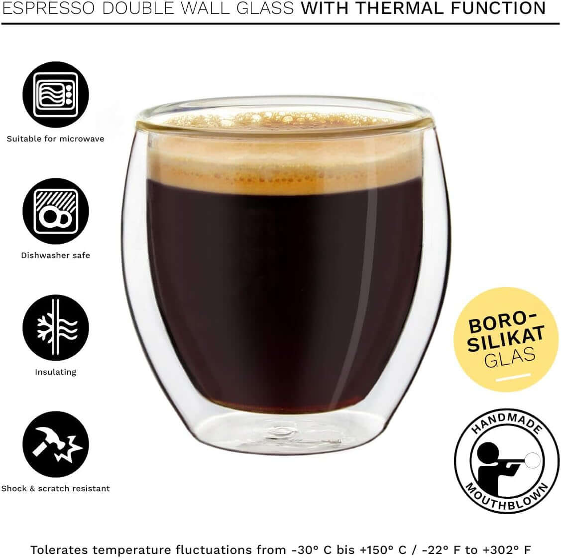 Double Wall Espresso Glasses 3.5 OZ, Insulated Glass Cups - 6X 3.5oz (100ml)